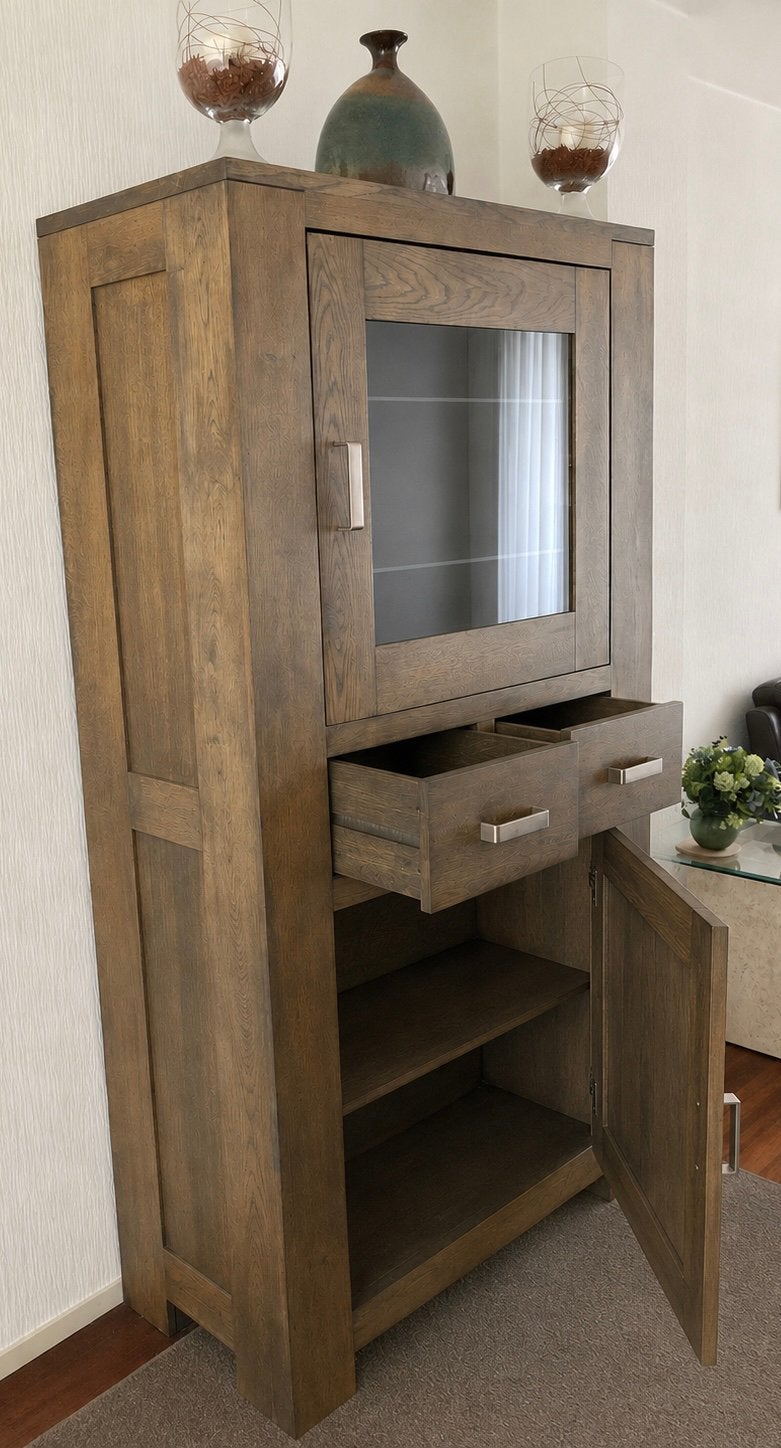 H&H Massief Eiken Vitrinekast - Moderne Look - opbergruimte, Ophalen, Gebruikt, Eikenhout, 50 tot 100 cm
