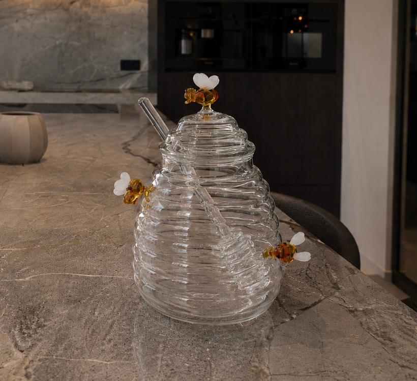Zara HOME Glazen honingpot met lepel en bijen decoratie, Voorraadpot, Verzenden, Nieuw, Glas
