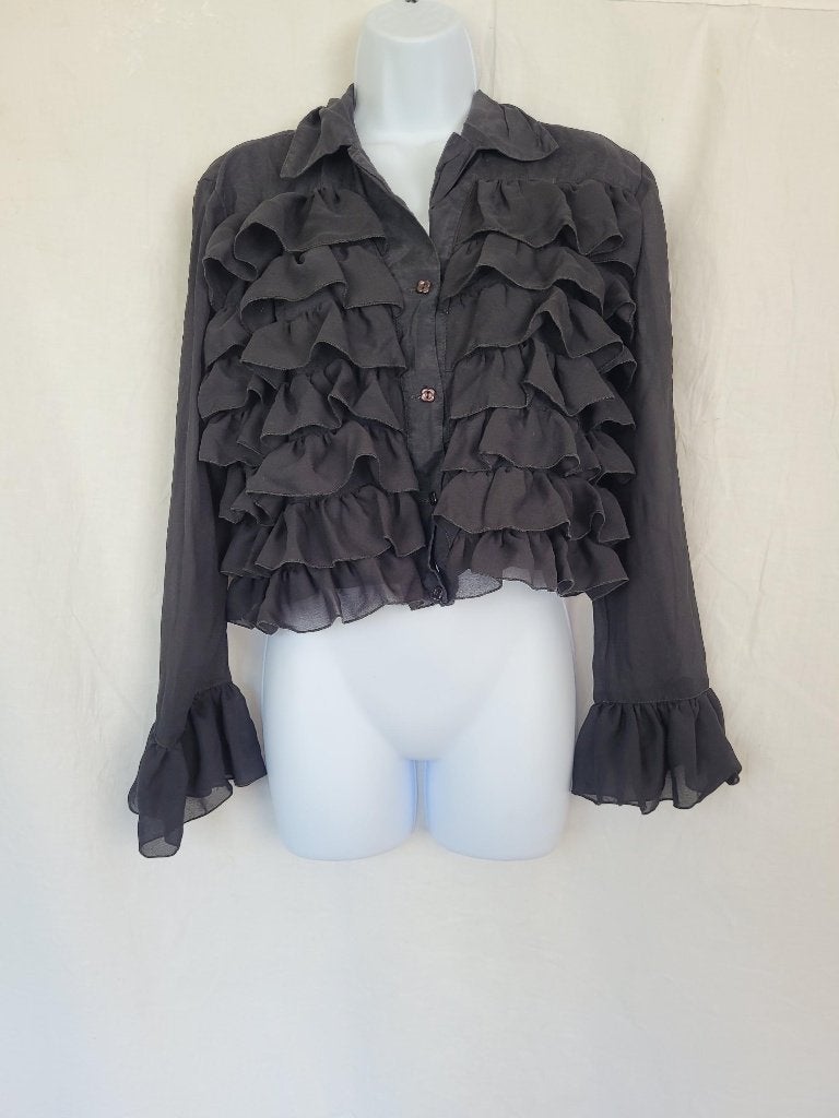 Gave zwarte korte roesjes blouse mt L, ., Maat 42/44 (L), Ophalen of Verzenden, .
