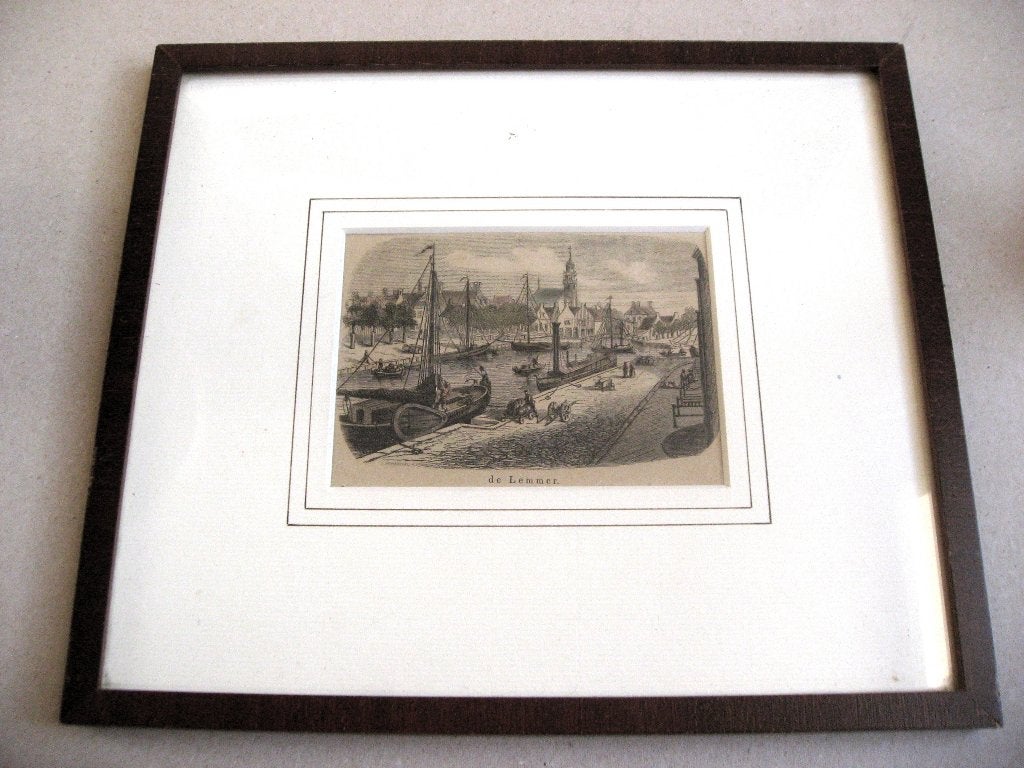 Gravure de Lemmer, havengezicht ca 1869 zeil en stoomboten, Antiek en Kunst, Kunst | Etsen en Gravures, Ingelijst, 1800 - 1899