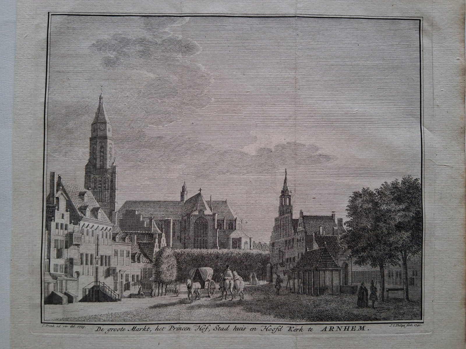 Arnhem: Grote Markt, Prinsehof, Stadshuis, Kerk, Ets, Stadsgezicht, Ophalen of Verzenden, Origineel