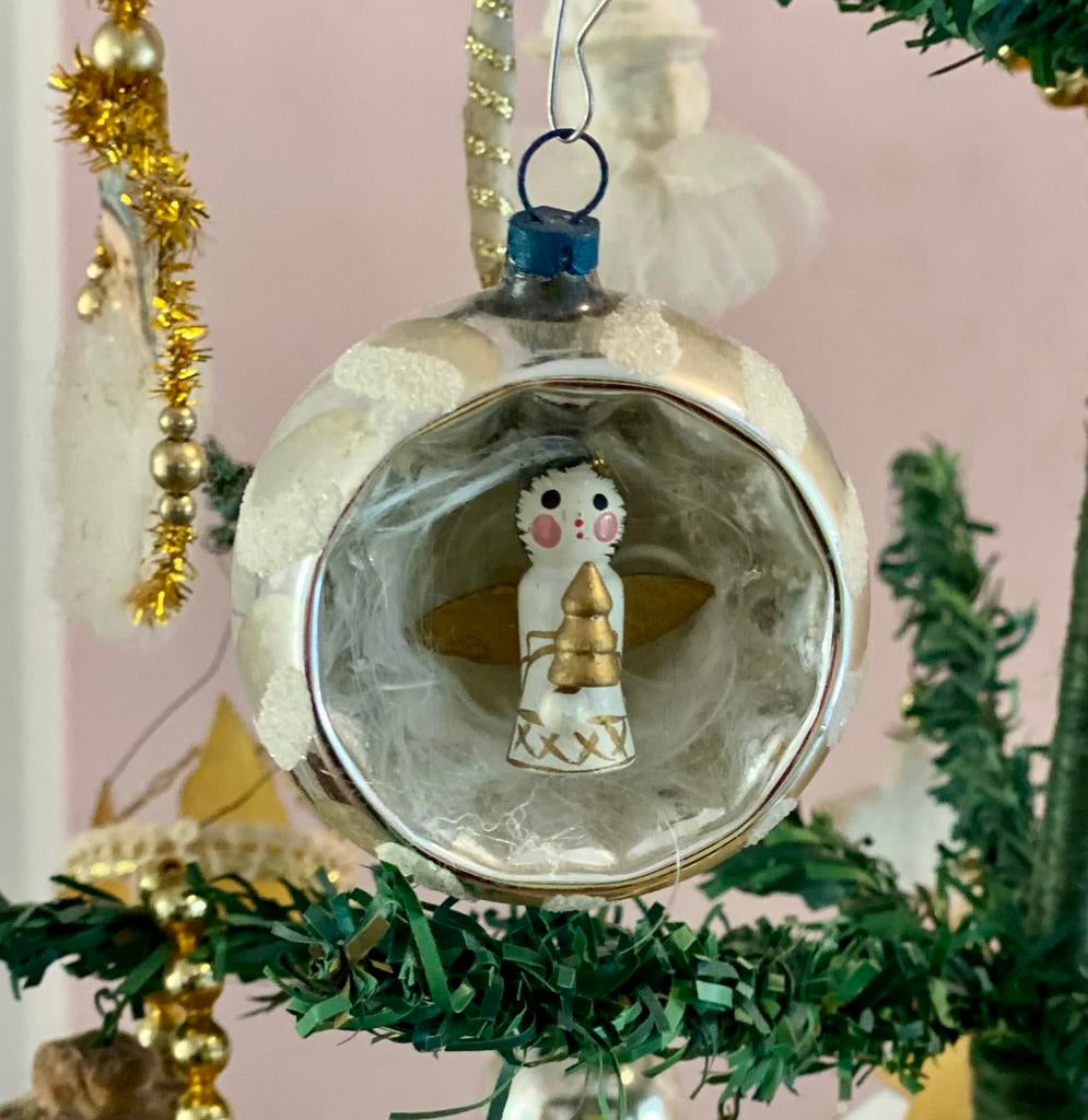 Antieke kerstbal glas met engel, Diversen, Kerst, Ophalen of Verzenden, Gebruikt