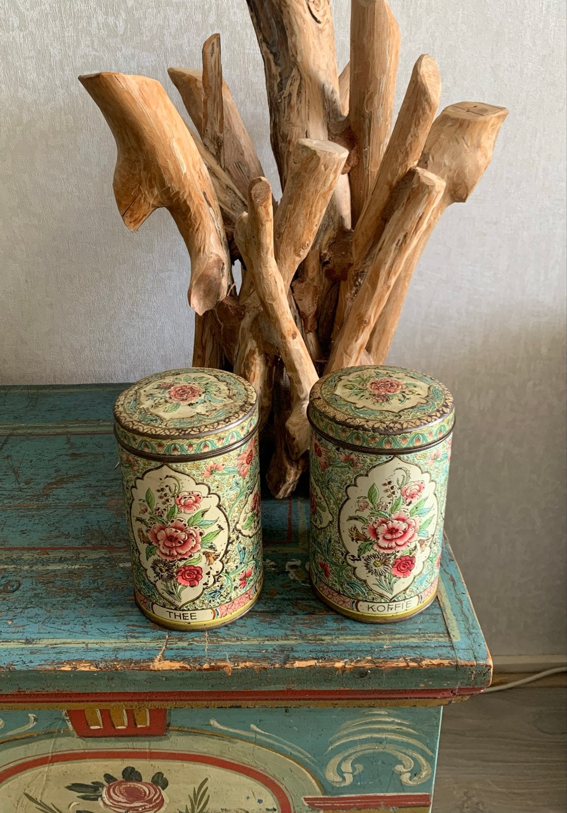 Set van 2 vintage blikken bussen voor thee en koffie, Ophalen of Verzenden