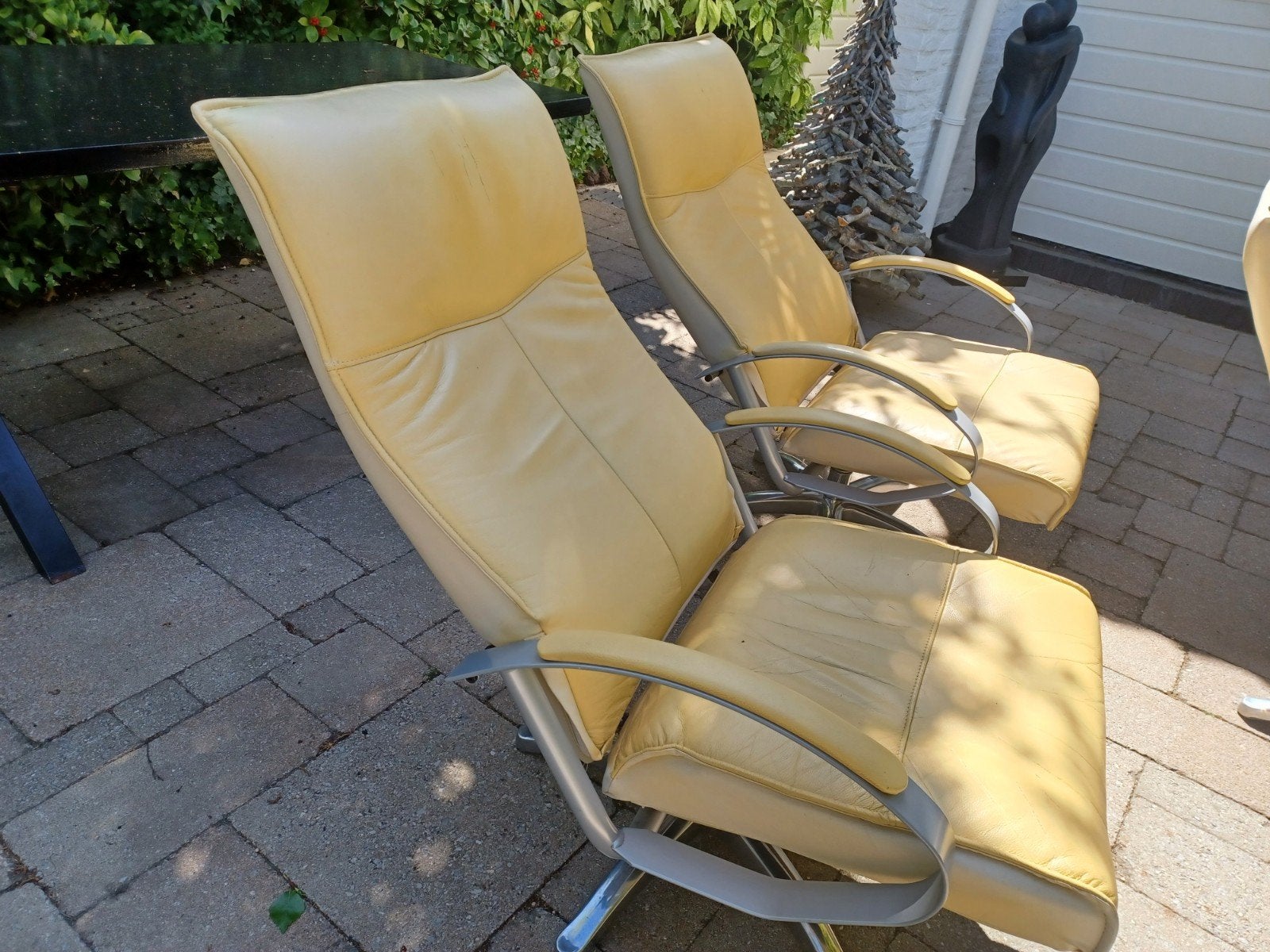 Set van 2 verstelbare fauteuils - geel leer, Ophalen, Gebruikt, Twee, Overige kleuren