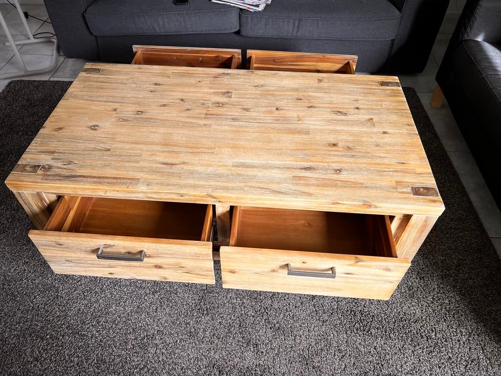Teak houten salontafel met 4 ruime laden, Minder dan 50 cm, Gebruikt, 100 tot 150 cm, 50 tot 75 cm