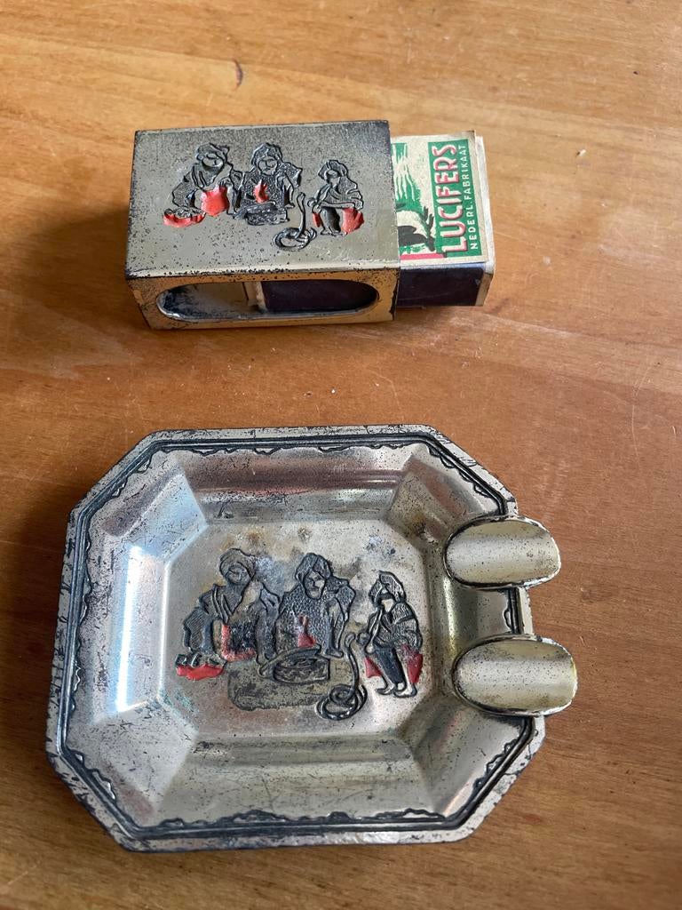 Vintage luciferdooshouder en asbak, Ophalen, Gebruikt, Asbak