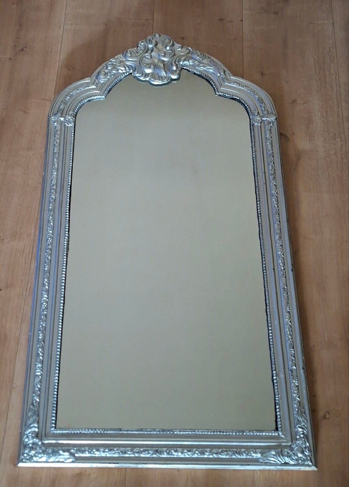 Grote Brocante Barok spiegel zilverkleurige kuifspiegel, Ophalen, Gebruikt, 100 tot 150 cm, 75 tot 100 cm