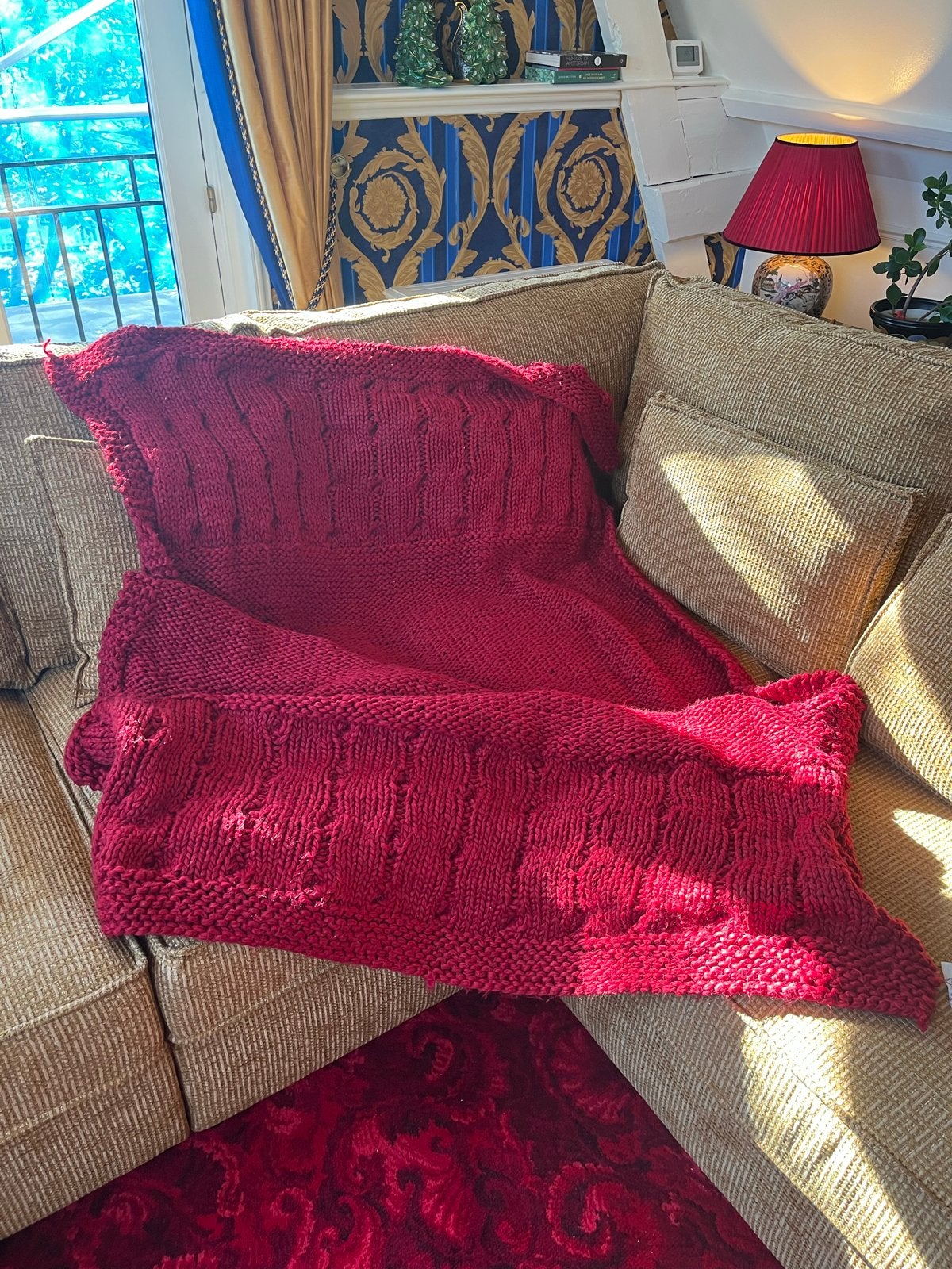 Gebreid rood plaid met kabelpatroon, 190 cm, Rood, Woondeken, 130 cm