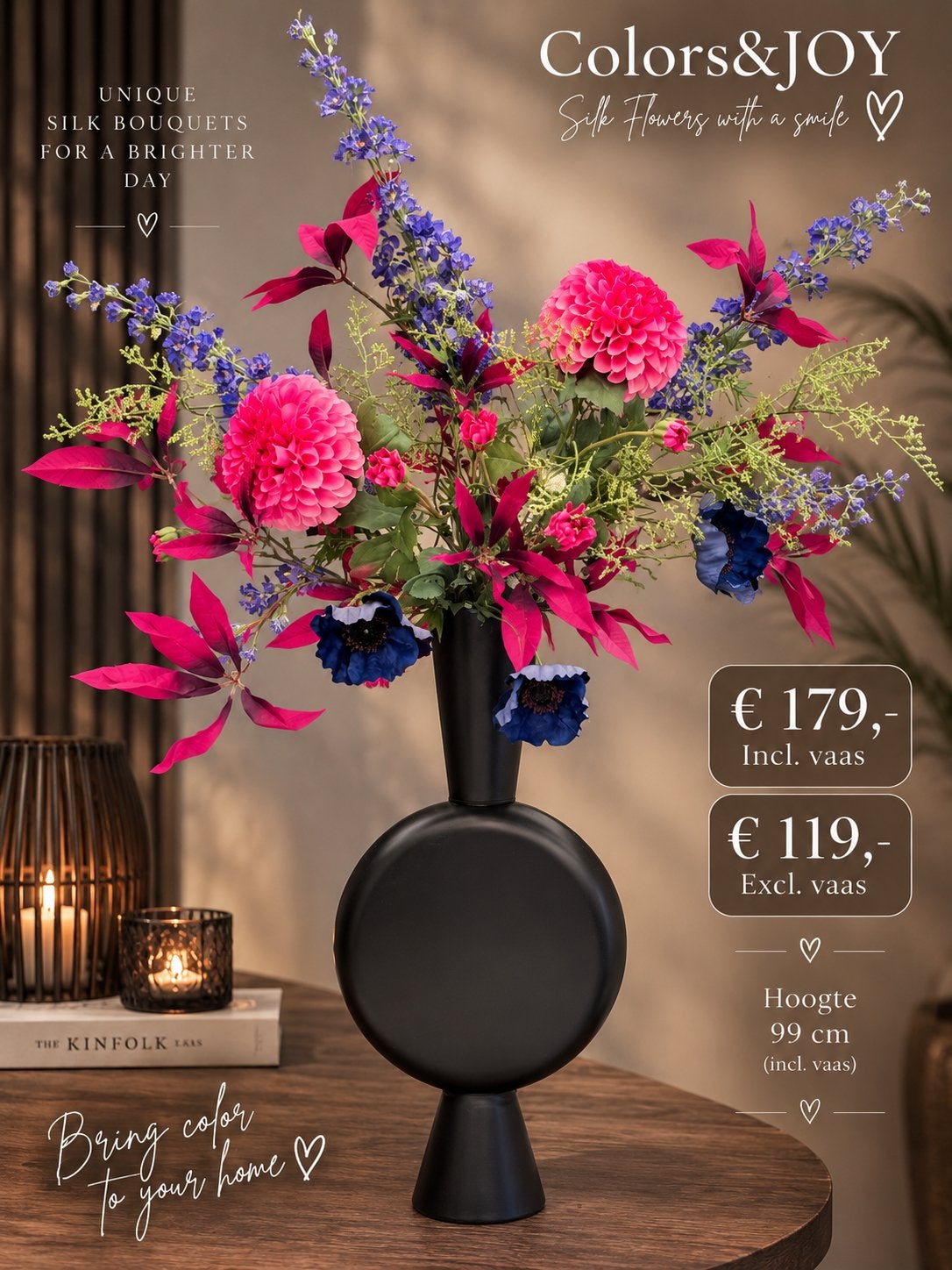 Zijden boeket incl/excl vaas, Huis en Inrichting, Ophalen, Binnen, 100 cm, Info@colors&joy