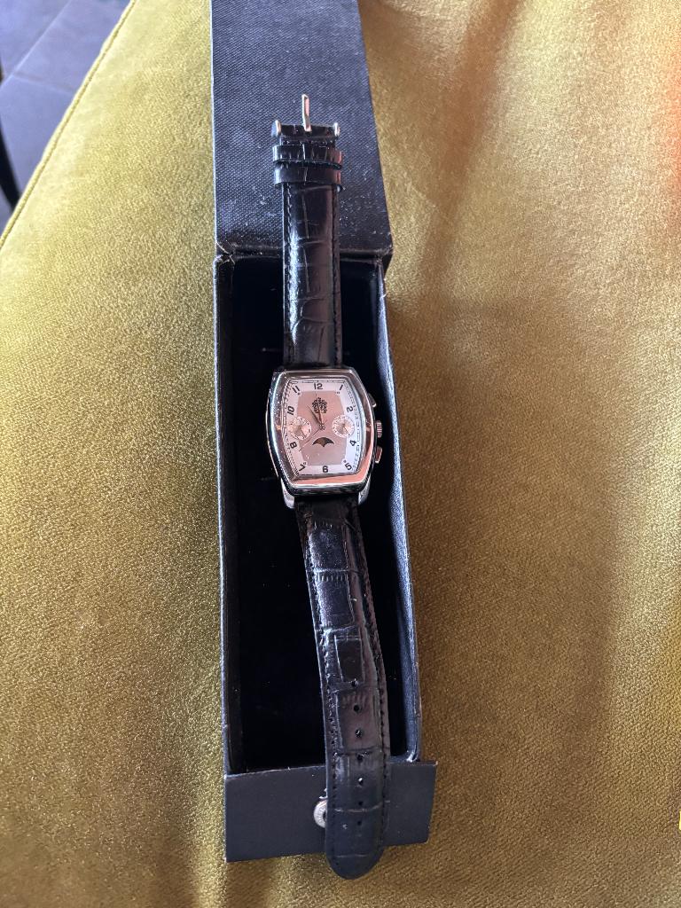 PierCarlo d'Alessio Horloge Tonneau Maanfase Zwart Leer, Overige merken, Overige materialen, Leer, Polshorloge