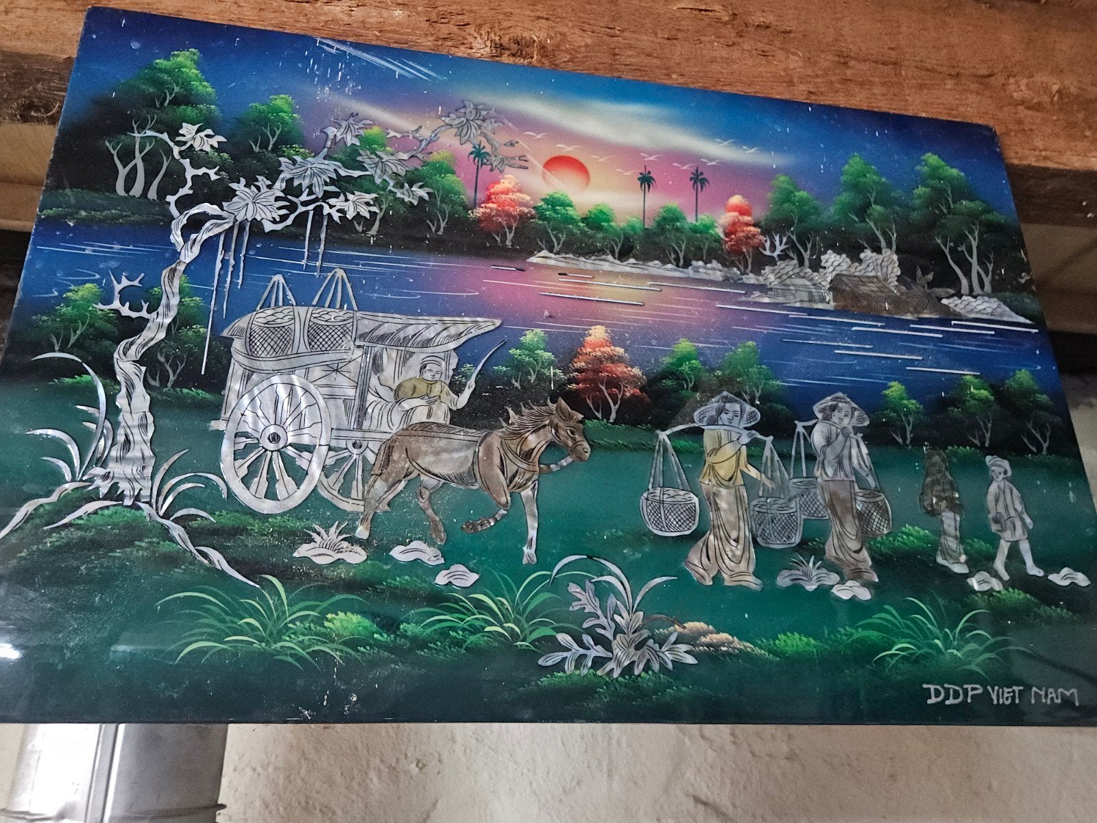 Vintage Vietnamese lakschildering dong que parelmoer handgem, Antiek en Kunst, Ophalen of Verzenden