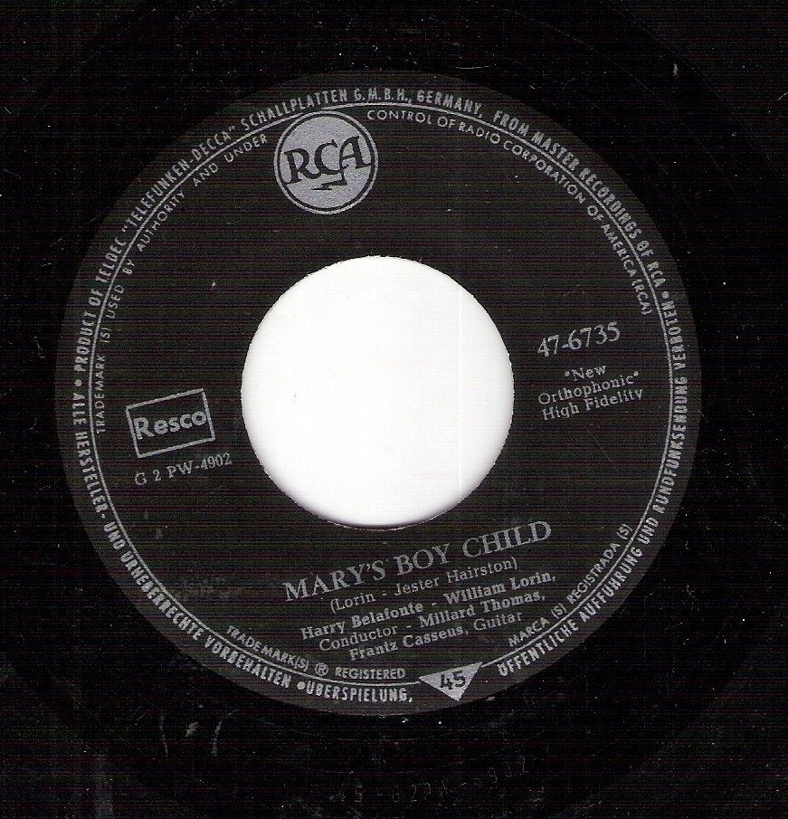 Harry Belafonte - Mary's Boy Child - vinylsingle 1956 KERST, Cd's en Dvd's, Vinyl Singles, Ophalen, Gebruikt, Pop