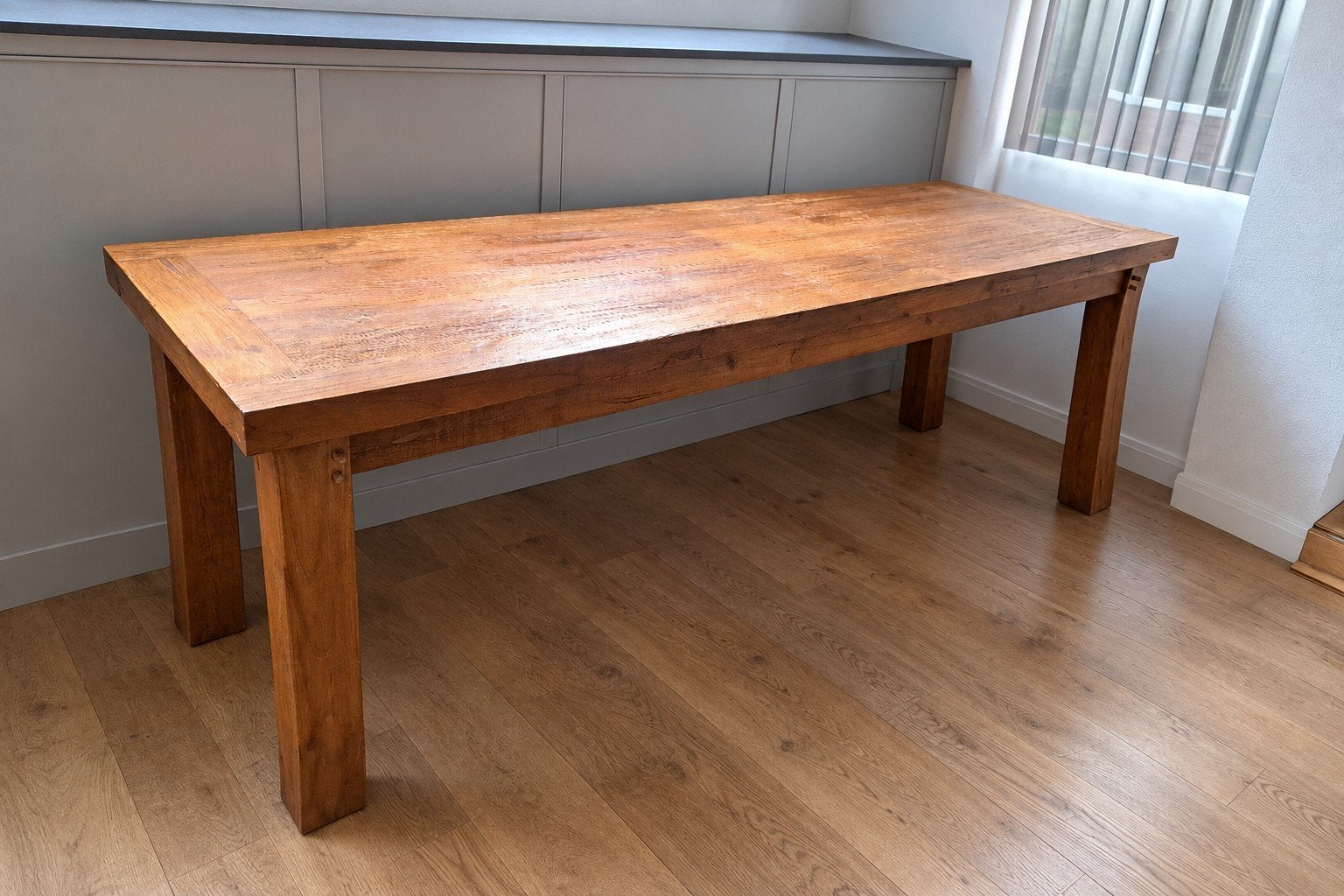 Robuuste massief houten eettafel uit Bali, Ophalen, Gebruikt, Teakhout, 200 cm of meer