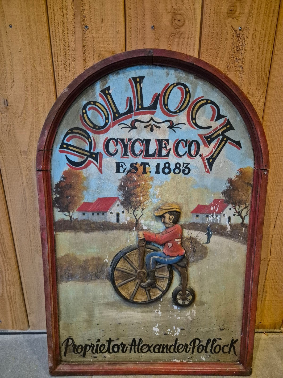 Vintage Houten Pollock Cycle Co. Reclamebord, Ophalen