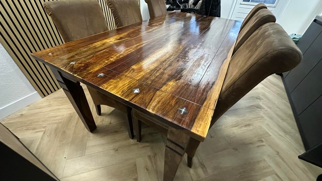 Massief houten eettafel met 6 stoelen, Huis en Inrichting, Tafels | Eettafels, Ophalen, Gebruikt, 200 cm of meer, 50 tot 100 cm