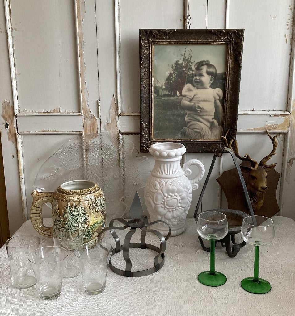 Brocante glazen borden - kan - bierpul - hertenkop - haak, Ophalen of Verzenden