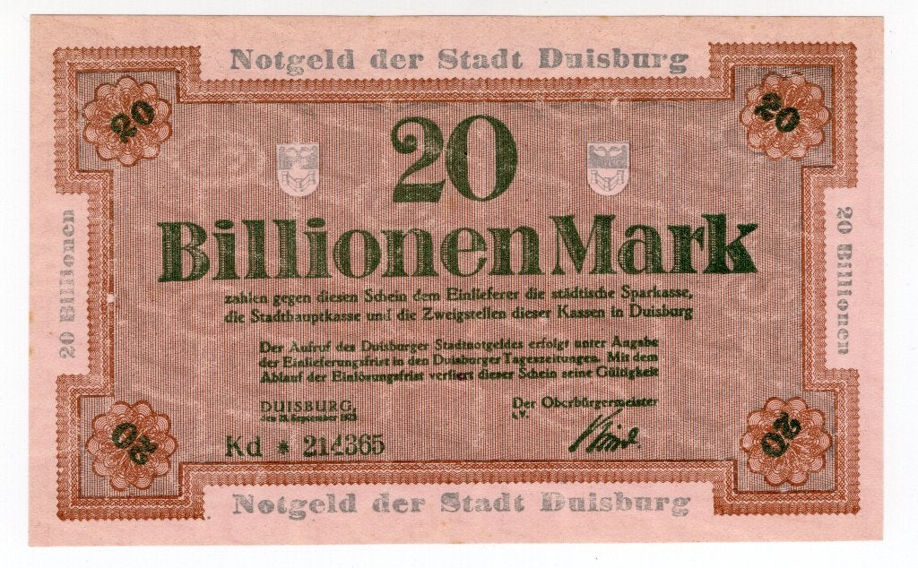 Duitsland noodgeld Dusseldorf 20 Biljoen Mark 1923 unc, Postzegels en Munten, Bankbiljetten | Europa | Niet-Eurobiljetten, Verzenden