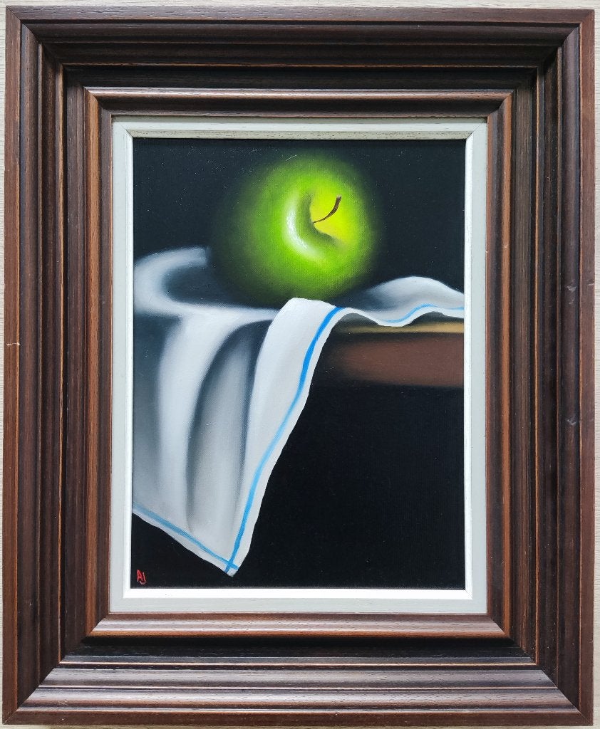 A.J. Oppedijk (XX) - Granny Smith op theedoek, Doek, Realistisch, Stilleven, Ophalen of Verzenden