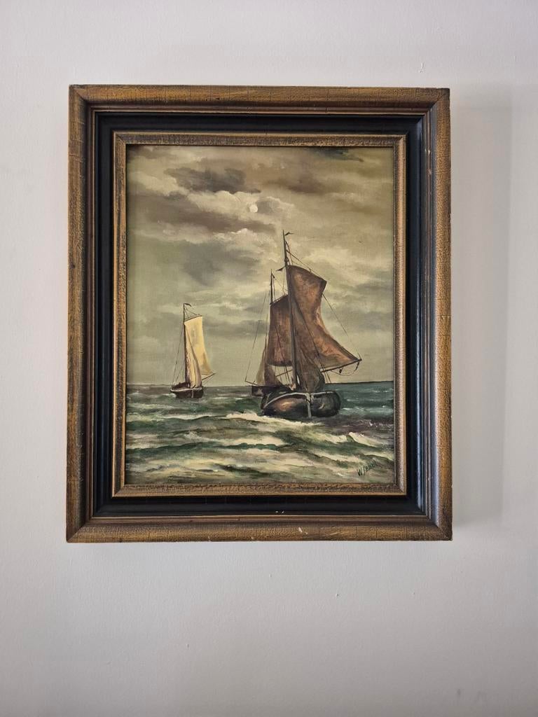Schilderij: Zeilschepen op woelige zee, Antiek en Kunst, Kunst | Schilderijen | Klassiek, Ophalen of Verzenden