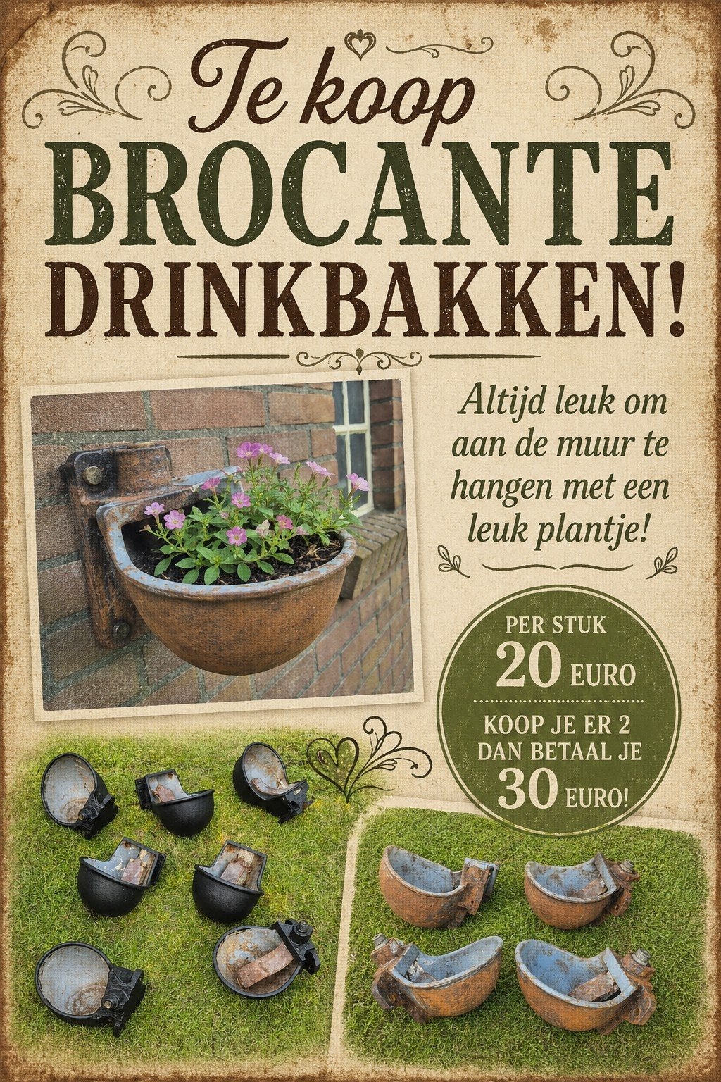 Brocante drinkbakken - Leuk als plantenbak!, Ophalen of Verzenden