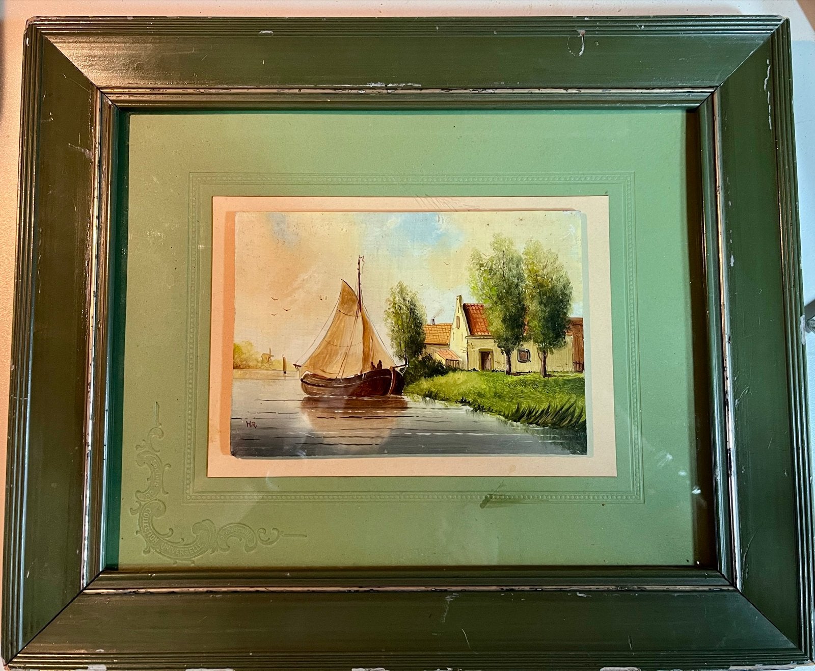 Klassiek Hollands Polderlandschap met Platbodem en Boerderij, Paneel, Nederlandse school, Ophalen of Verzenden, Landschap