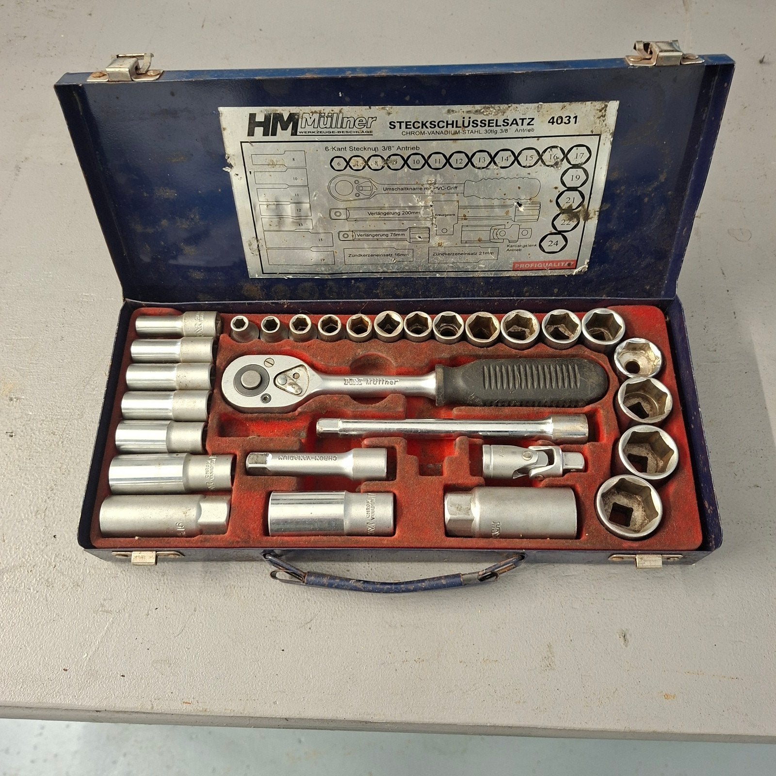 HM Müllner Doppenset 3/8" - Steeksleutelsatz 4031, Ophalen of Verzenden, Gebruikt, Sleutel/ratel, Overige merken