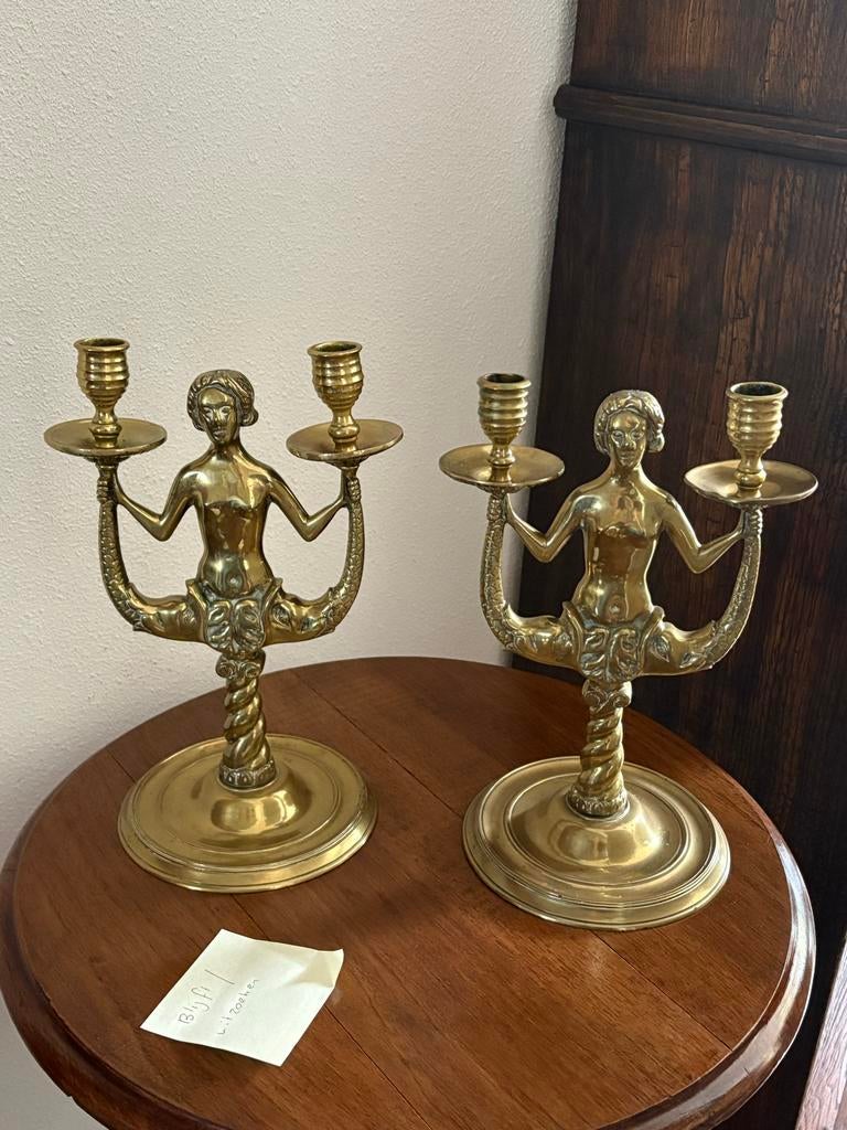 Antieke bronzen kandelaars met zeemeermin figuren, Antiek en Kunst, Ophalen, Koper of Brons