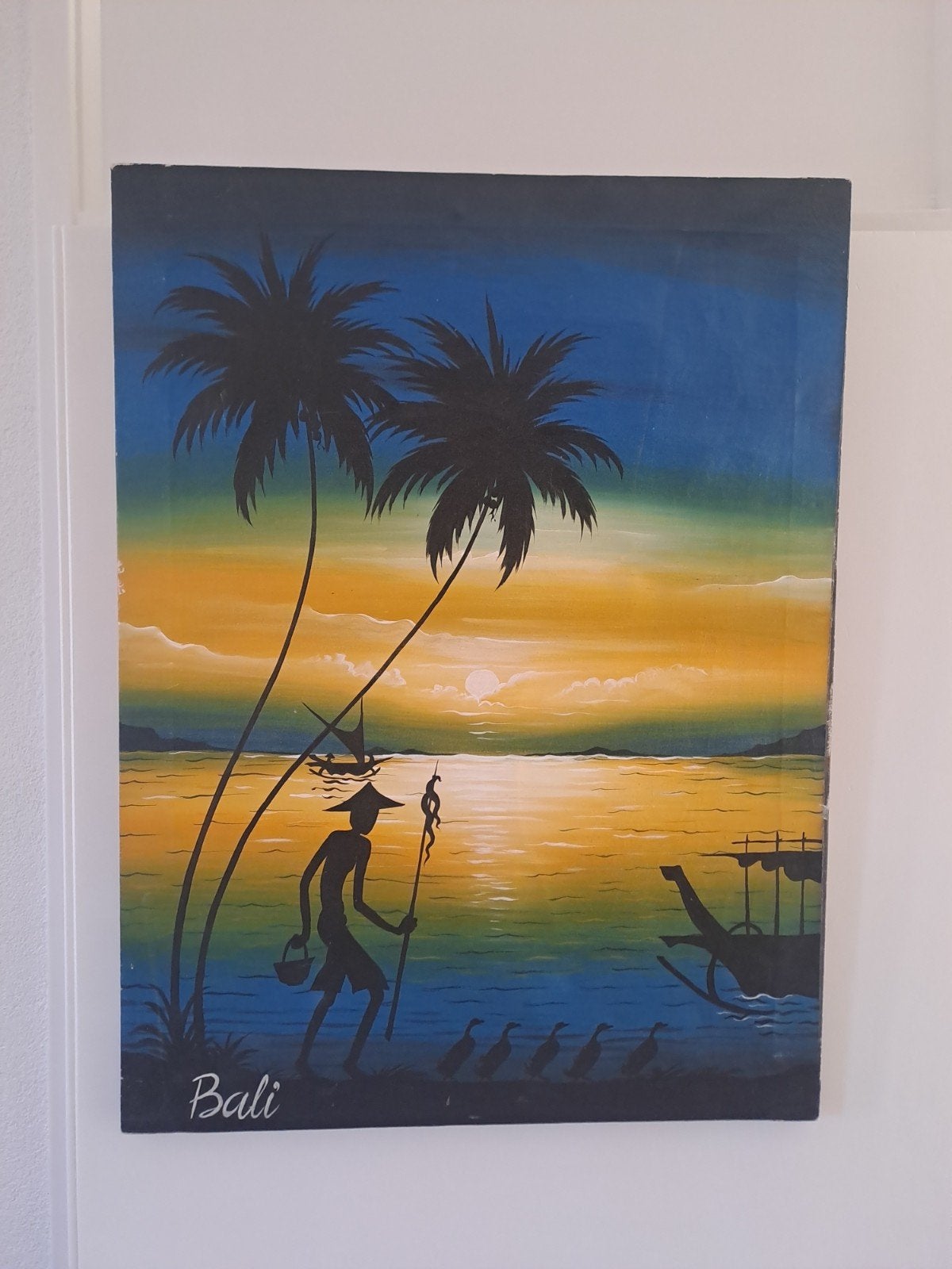 Schilderij Bali zonsondergang met palmboom en figuur, Ophalen of Verzenden