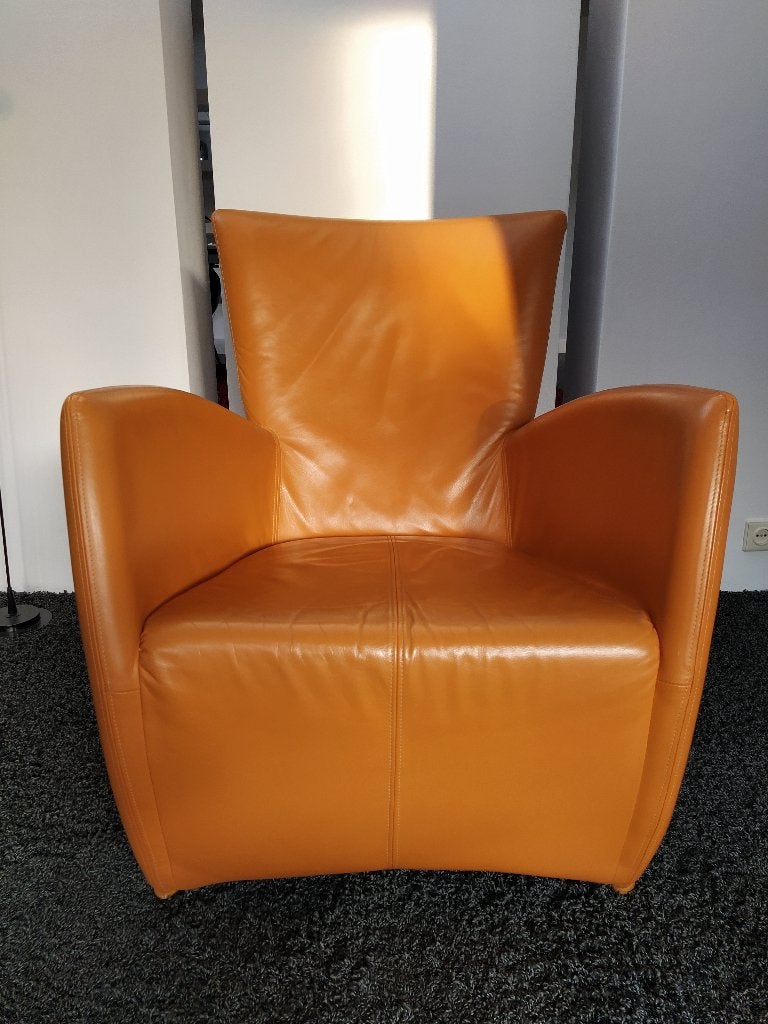 Gele lederen fauteuil, Ophalen, Gebruikt, Minder dan 75 cm, Leer