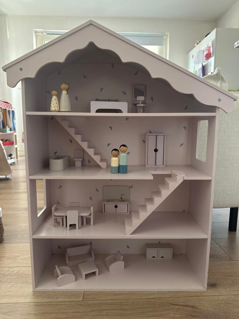 Groot houten poppenhuis Petit Amelie  meubels en poppetjes, Ophalen, Gebruikt, Poppenhuis