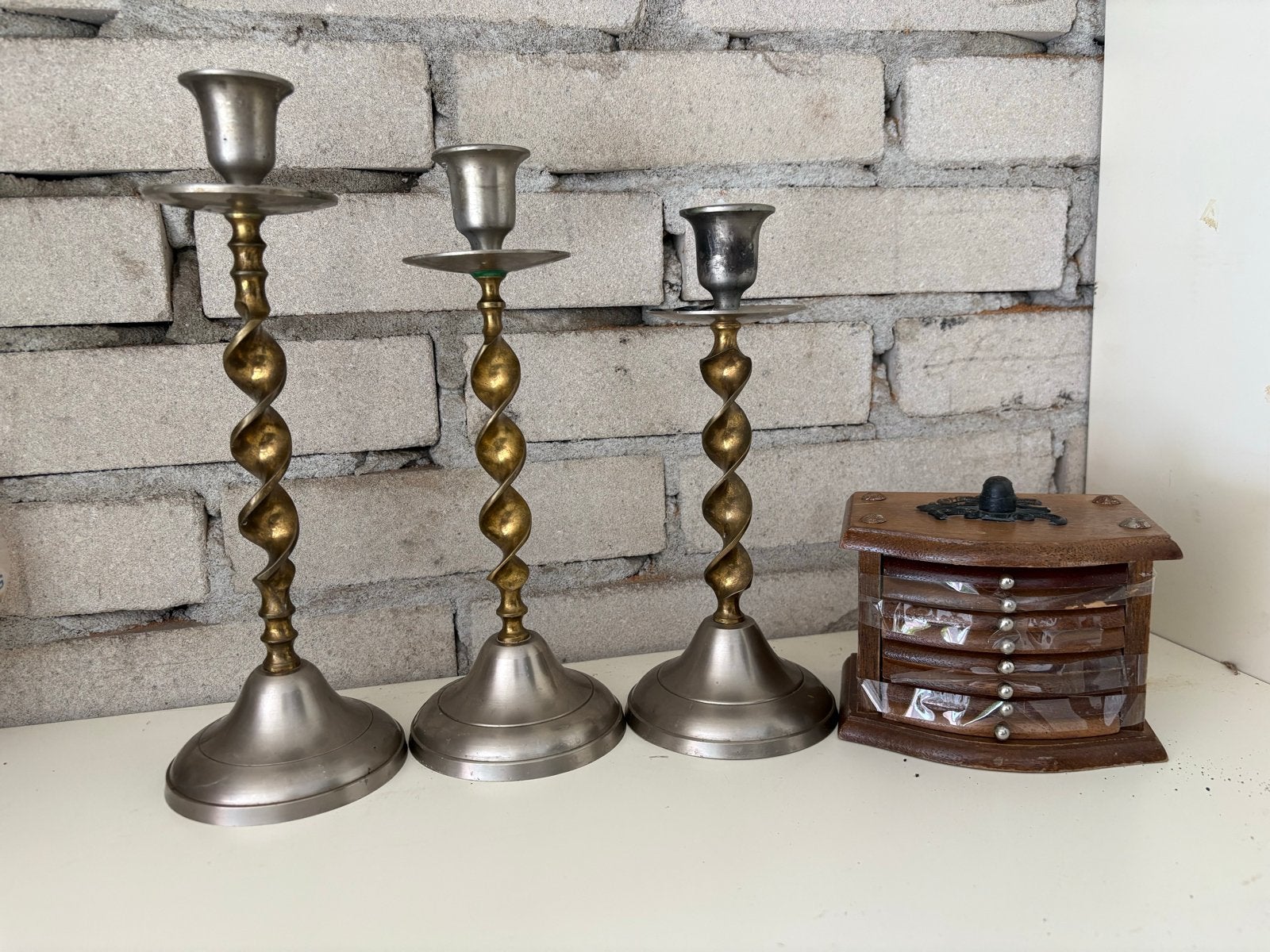 Set van 3 vintage koperen en bronzen kandelaars en blikken, Antiek en Kunst, Antiek | Kandelaars, Ophalen, Koper of Brons