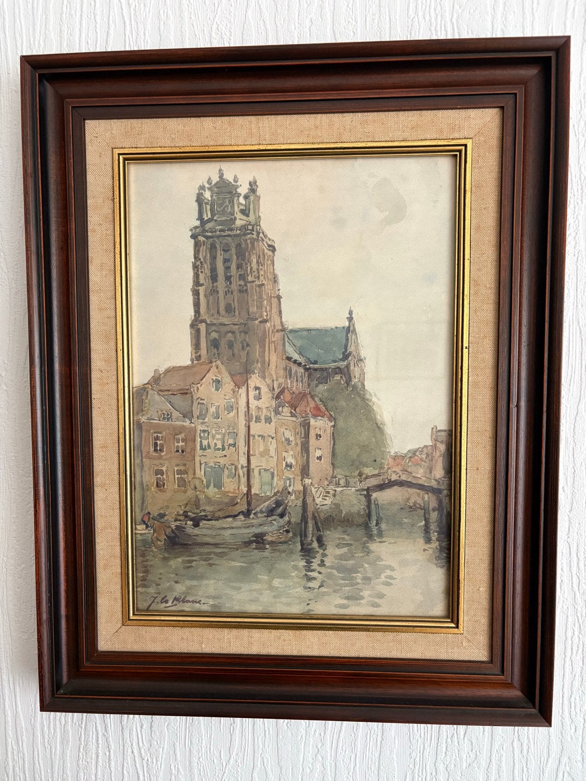 Aquarel van J. Le Blanc - Stadsgezicht met gracht, Antiek en Kunst, Ophalen, Gesigneerd, Klassiek, Aquarel
