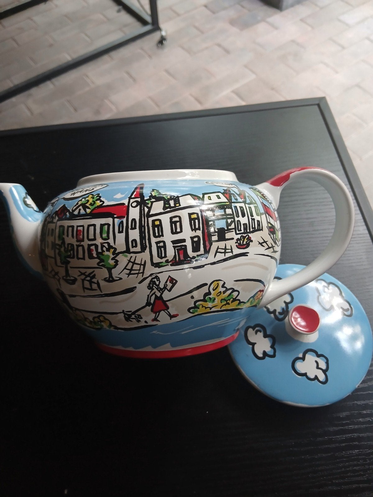 Unieke theepot met Delfts Blauw-achtige stadsgezichten, Ophalen of Verzenden