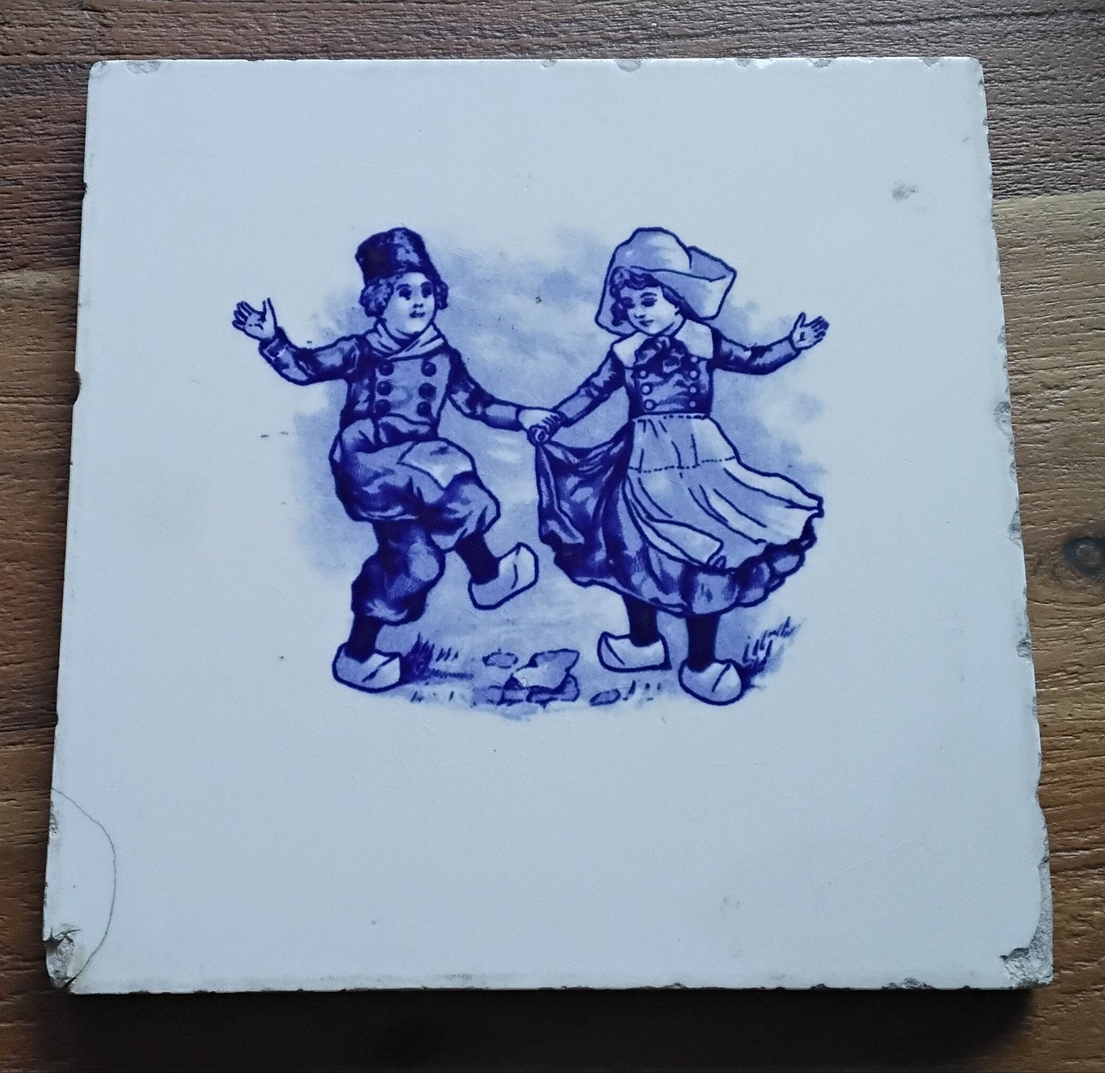 Delfts blauw tegeltje met dansende kinderen, 15x15 cm, Antiek en Kunst, Antiek | Wandborden en Tegels, Ophalen