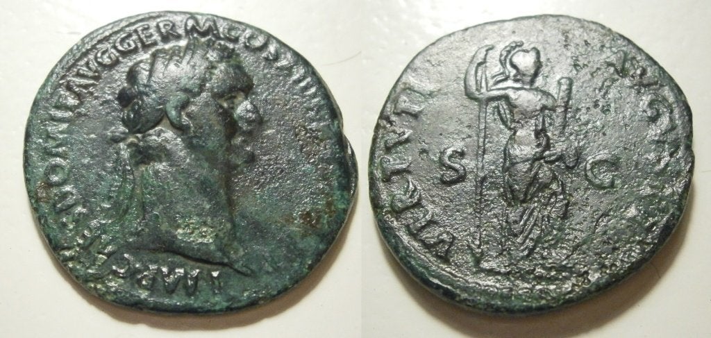 Romeinse munt Domitianus As COS XIII- VIRTVTI AVGVSTI SC, Ophalen of Verzenden, Italië, Losse munt