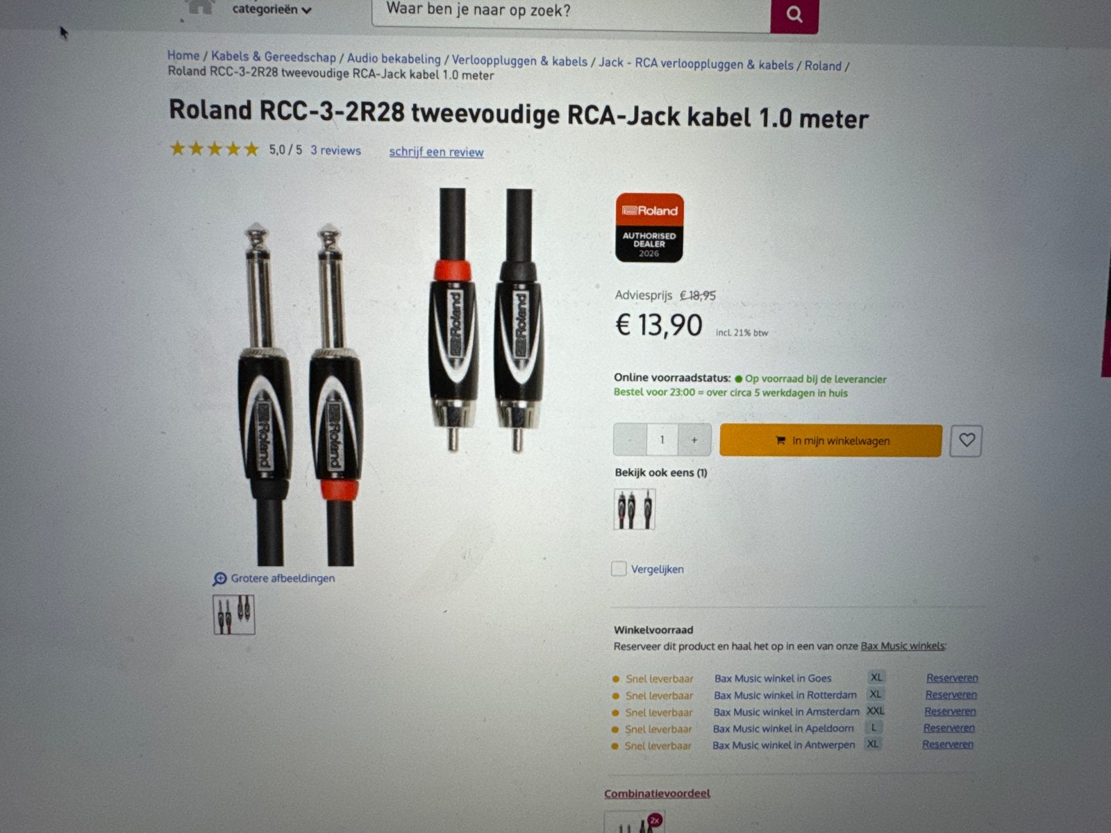 2x Roland RCC-3-2R28 RCA-Jack kabel 1 meter, Ophalen of Verzenden, Nieuw, Minder dan 2 meter, Interlink-kabel