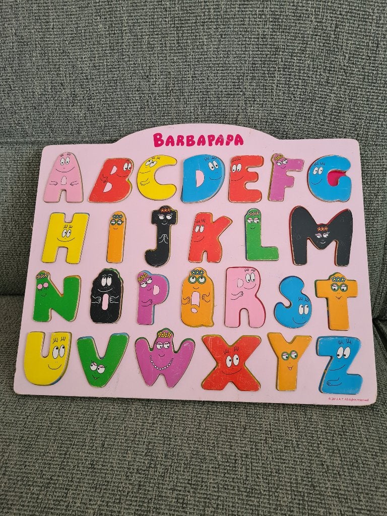 Barbapapa houten puzzel puzzle alfabet abc letters 2012, 2 tot 4 jaar, Gebruikt, 10 tot 50 stukjes, Ophalen of Verzenden
