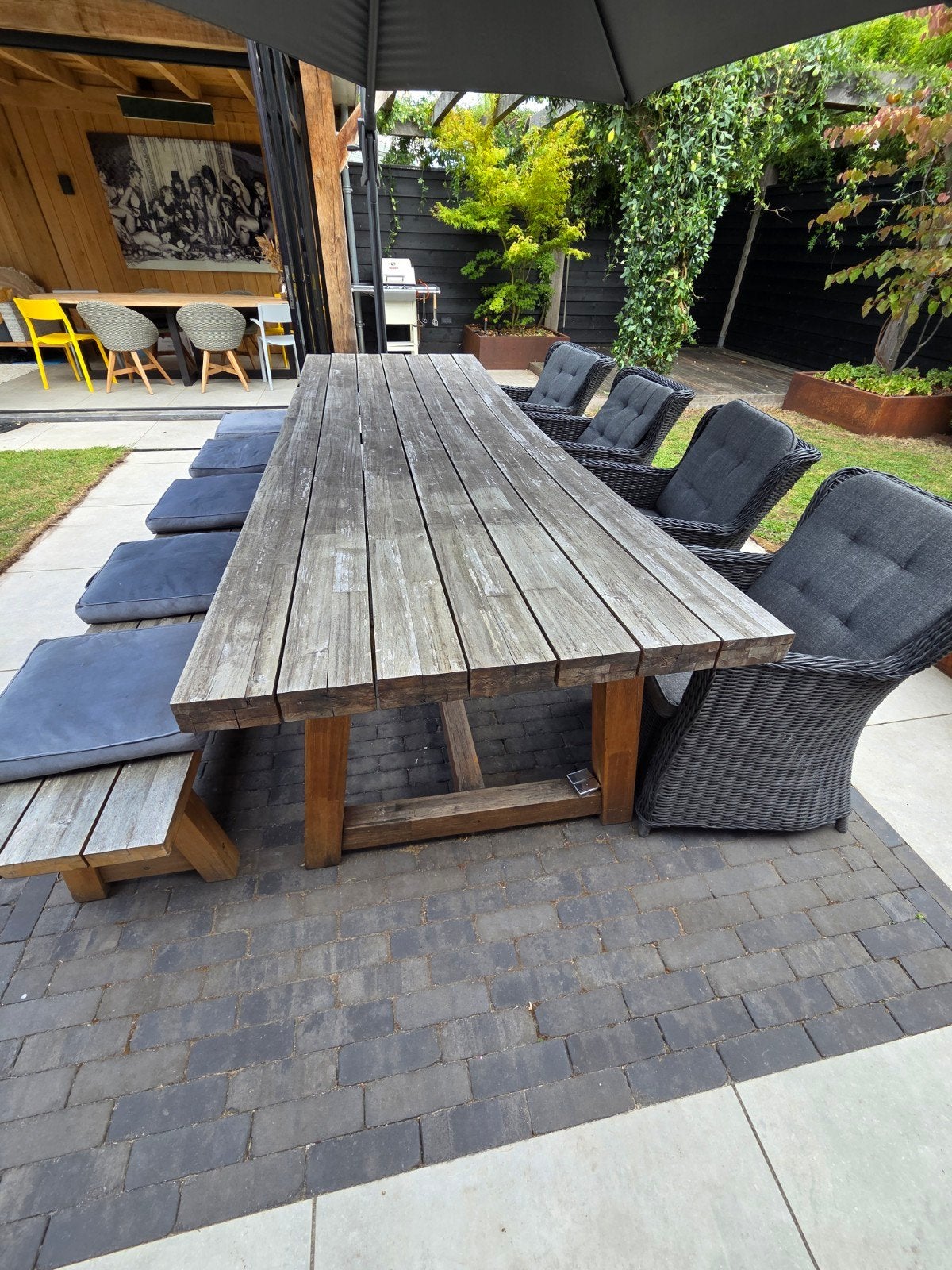 Houten tafel en bank 3m (opknapper), Tuin en Terras, Tuinsets en Loungesets, Ophalen, Gebruikt, Bank, 8 zitplaatsen