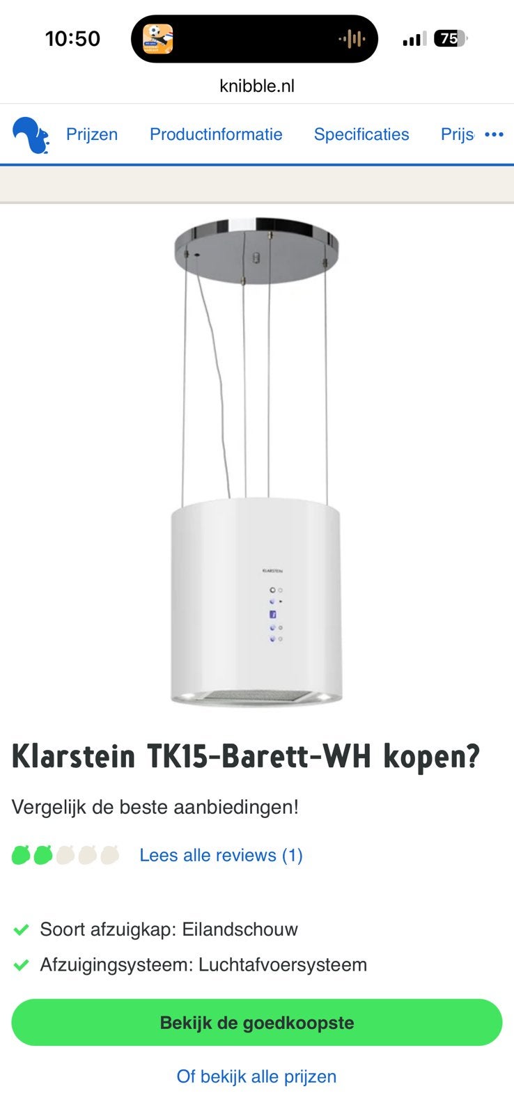 Klarstein afzuigkap TK15-Barett-WH wit, Witgoed en Apparatuur, Ophalen of Verzenden, Zo goed als nieuw, Vrijstaand, Eilandschouwkap