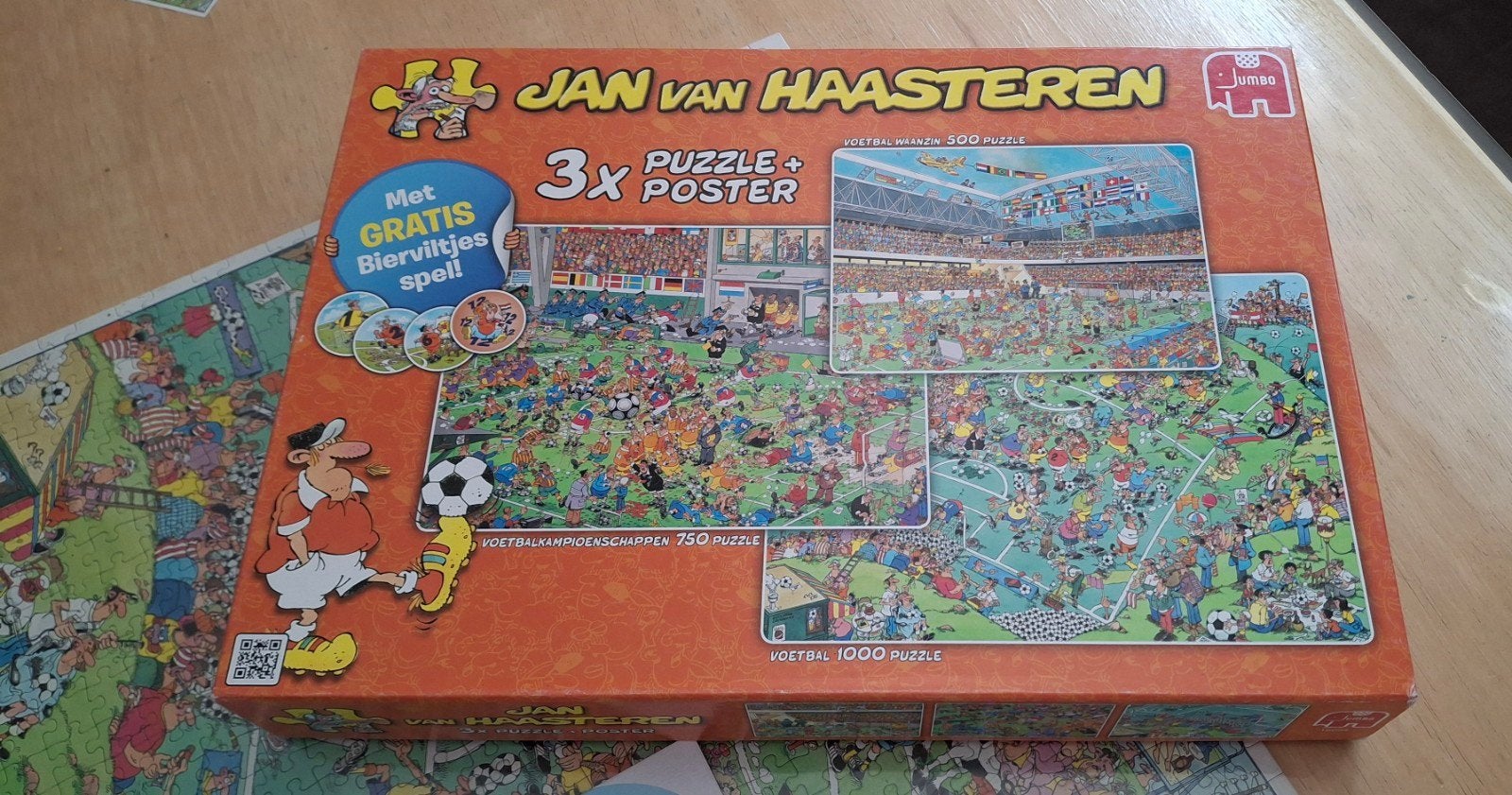 Jan van haasteren WK voetbal legpuzzel puzzel 3 in 1, Ophalen, 500 t/m 1500 stukjes, Zo goed als nieuw, Legpuzzel