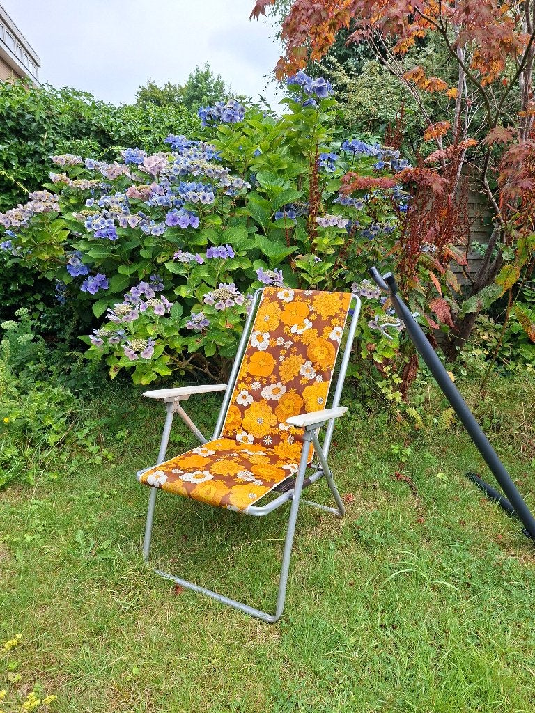 Vintage tuinstoel oranje bloemen, Ophalen, Gebruikt, Overige materialen