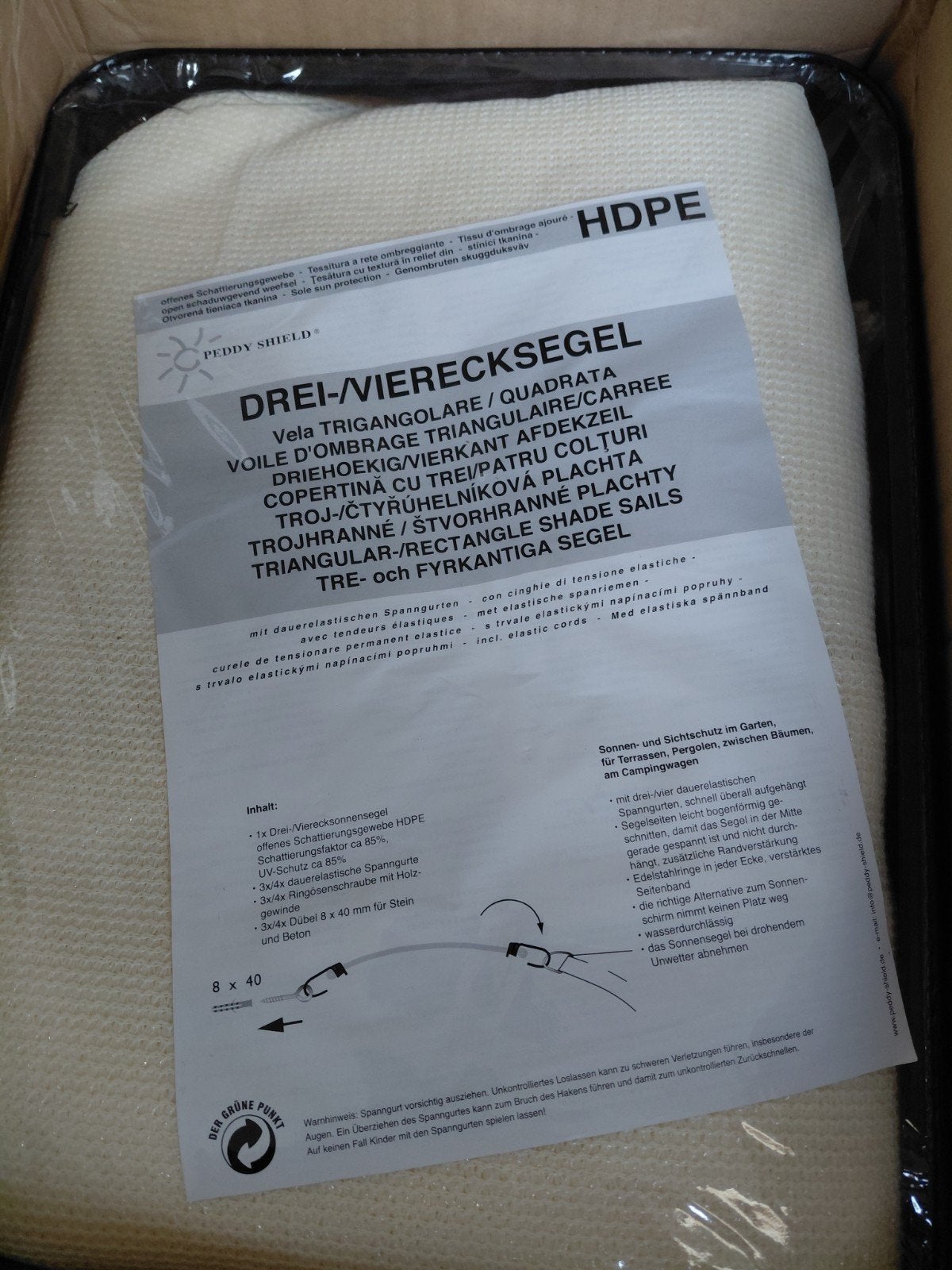 Peddy Shield HDPE Zonnescherm Drie-/Vierhoekig, Ophalen of Verzenden, Nieuw, Overige typen