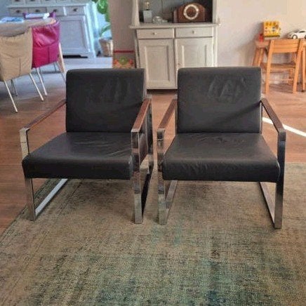 2x Harvink Banjer fauteuils , Leer Basalt, noten armlegger., Gebruikt, 75 tot 100 cm, 50 tot 75 cm, Modern, Tijdloos, Design
