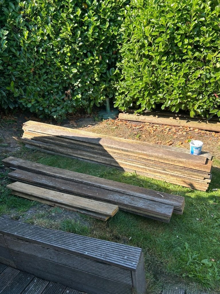 Gebruikte Bankirai vlonderdelen, Doe-het-zelf en Verbouw, Hout en Planken, Ophalen, Gebruikt, 25 tot 50 mm, 250 tot 300 cm