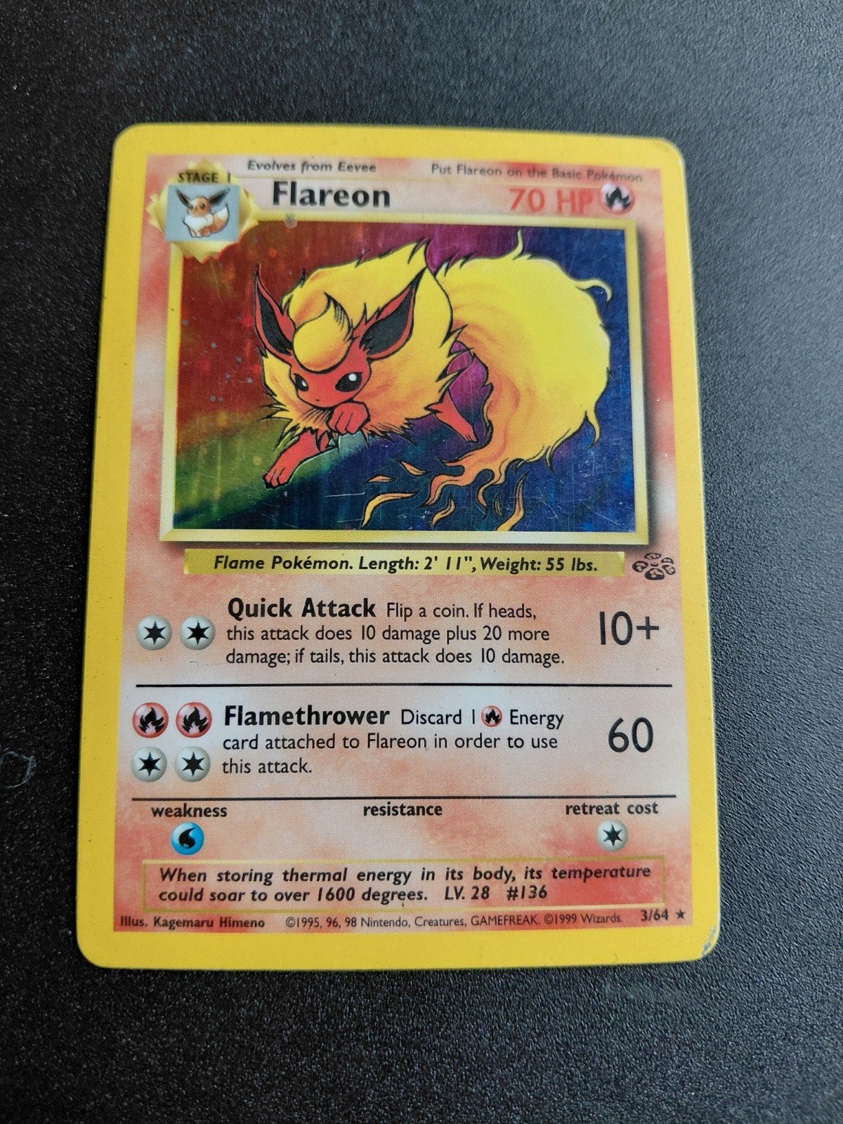 Pokemon Flareon Jungle 3/64 Holo - Lichte gebruikssporen, Hobby en Vrije tijd, Ophalen of Verzenden, Gebruikt, Losse kaart, Foil