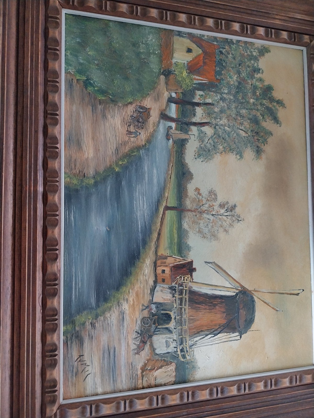 Twee ingelijste schilderijen: landschap en dorpsgezicht, Ophalen, Handgeschilderd, Doek, Landschap