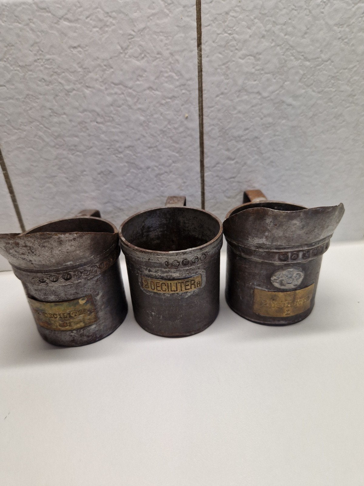 Set van 3 antieke gedecoreerde deciliter maatbekers, Ophalen of Verzenden