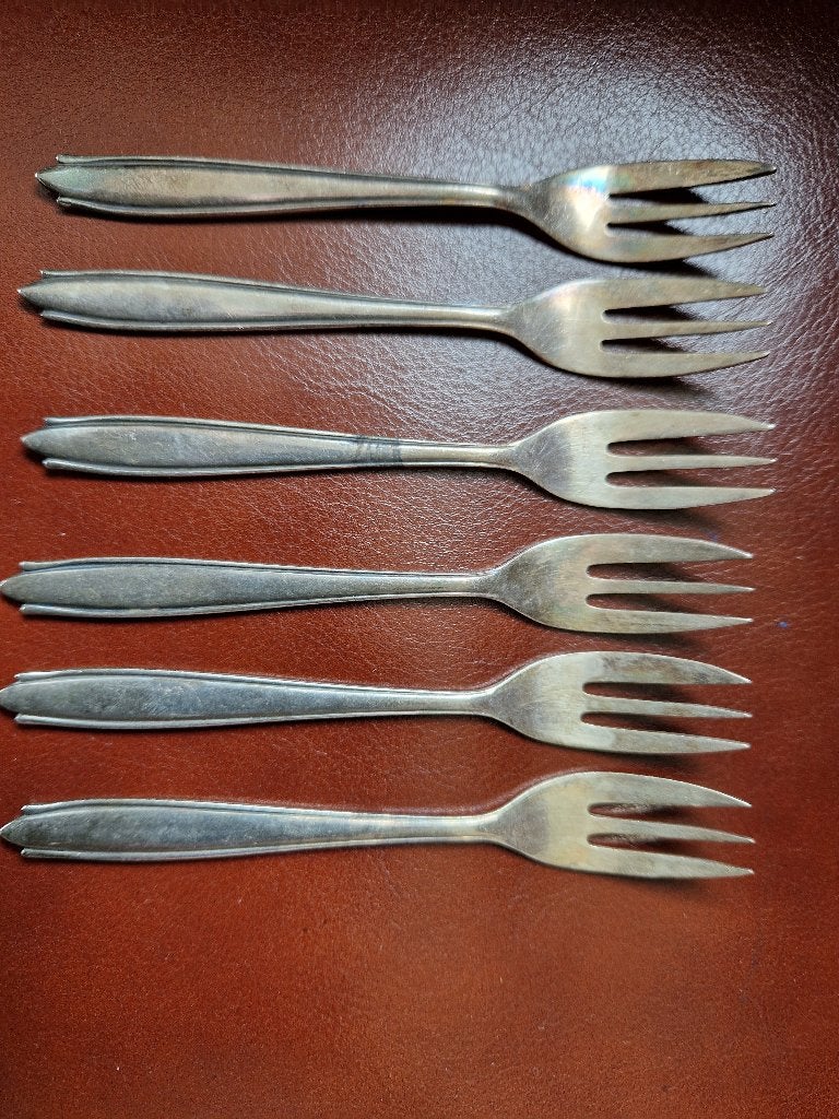 (B) 6 verzilverde taartvorkjes Gero. Model 669, Ophalen of Verzenden, Gebruikt, Rvs of Chroom