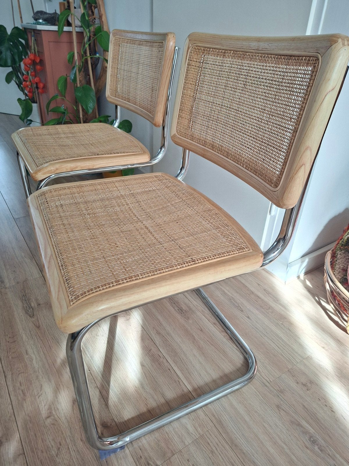 Set van 2  rotan webbing stoelen met chromen frame, Huis en Inrichting, Stoelen, Ophalen, Gebruikt, Twee, Overige kleuren