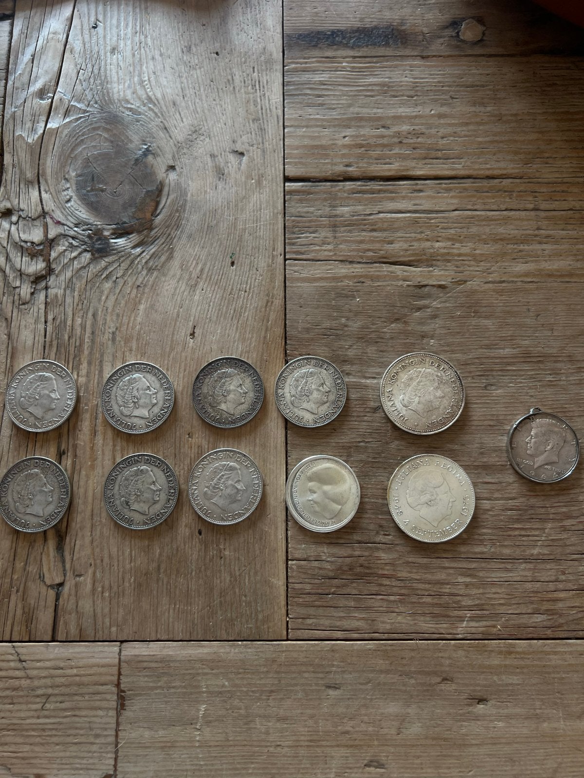 Partij zilveren Nederlandse munten + Kennedy Half Dollar, Koningin Juliana, Zilver, Overige waardes, Verzenden